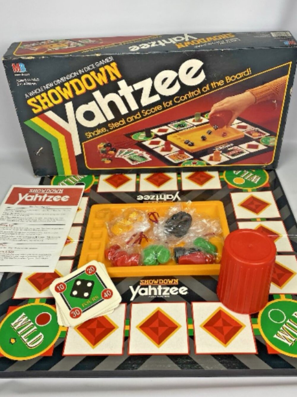 Vintage Showdown Yahtzee Dice Board Game Milton Bradley 1991 Shake Steel & Score